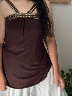 Y2K Embellished Strap Brown Women's Tank Top